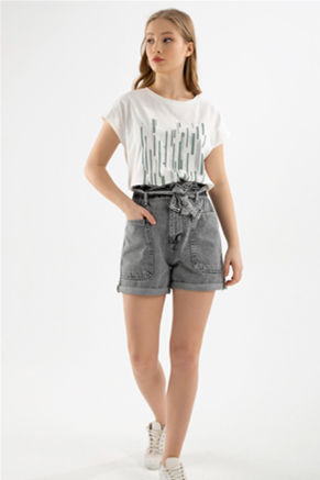 Short en jean avec ceinture paperbag Gris foncé